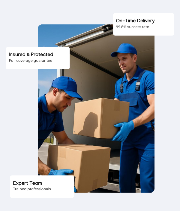 Expert Movers and Packers in Dubai by Amster Movers Two professional movers from Amster Movers loading boxes into a truck, offering on-time delivery, insured services, and expert handling in Dubai