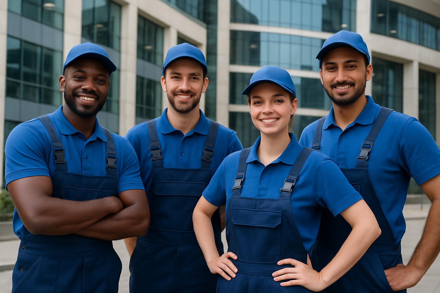 Best Movers in Dubai – Professional Moving Team Smiling professional movers in Dubai wearing blue uniforms, representing a trusted and experienced moving and packing team.